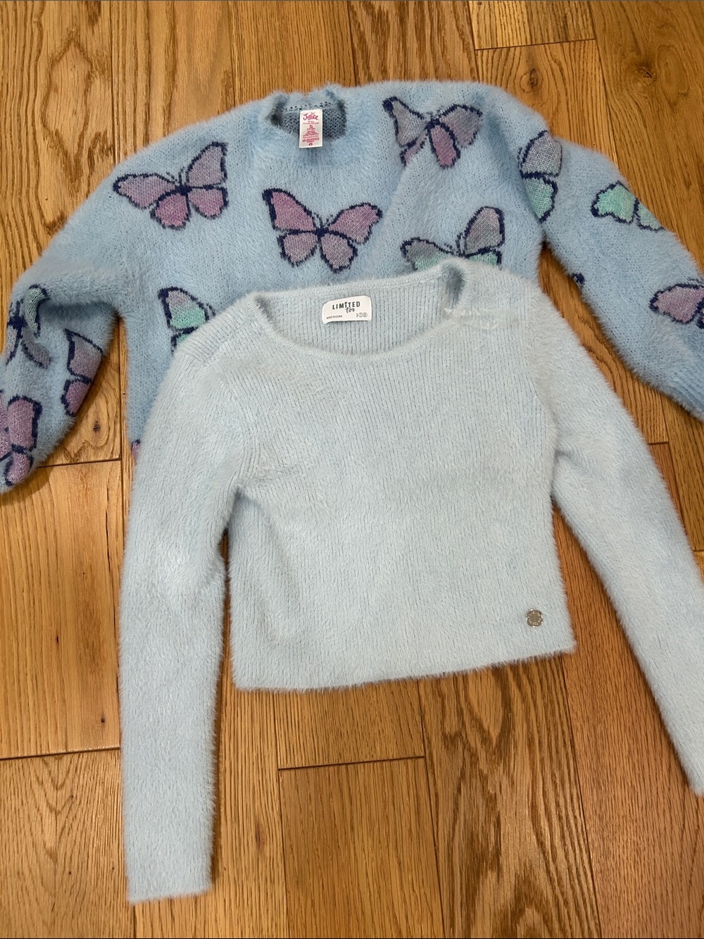 Limited Too Light Blue Fuzzy Crewneck Sweater and Justice Butterfly Sweater